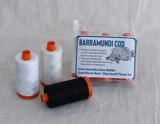 Iconic Australia Aurifil Thread Set - Great Barrier Reef 50wt Cotton Mako' 1300m Spool - Black & White - Barramundi Cod