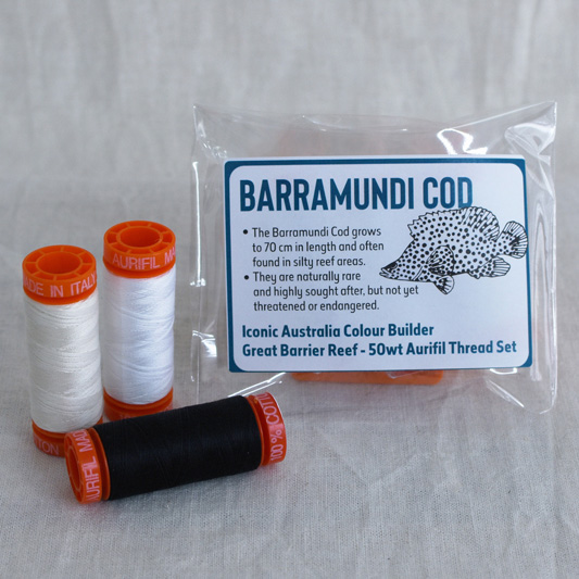 Iconic Australia Aurifil Thread Set - Great Barrier Reef Sunrise 50wt Cotton Mako' 200m Spool - Black & White - Barramundi Cod (Copy)